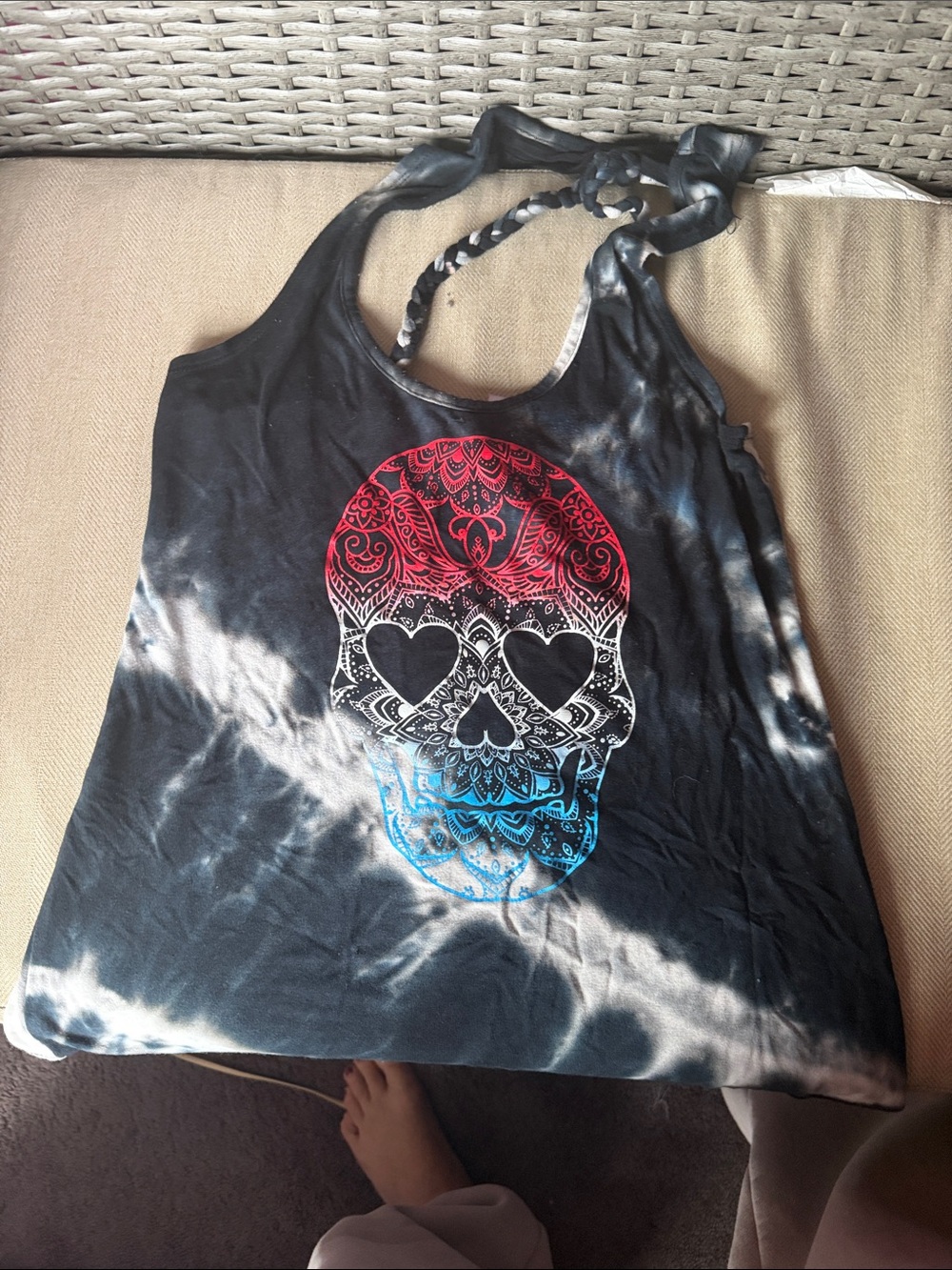 No Boundaries Black Tie-Dye Halter Tank with Red & Blue Skull